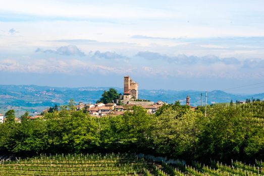 View of Langhe hills with Castle, Piedmont - Italy