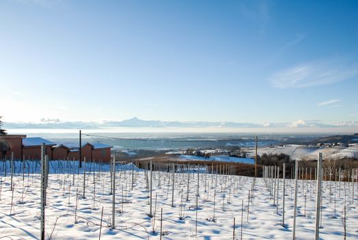 Hills of the Langhe covered by snow, Piedmont - Italy