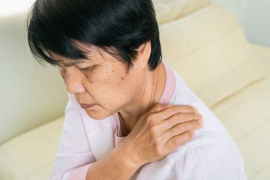 neck and shoulder pain of old woman, healthcare problem of senior concept