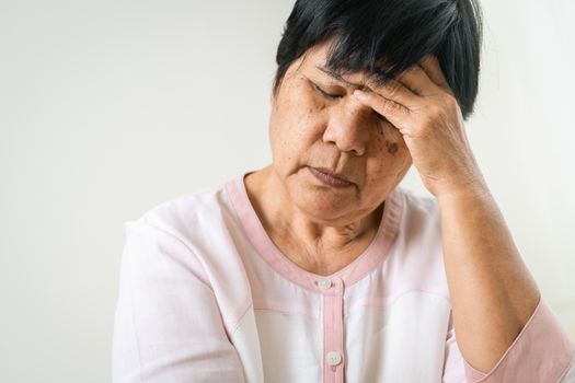 headache, stress, migraine of old woman, healthcare problem of senior concept