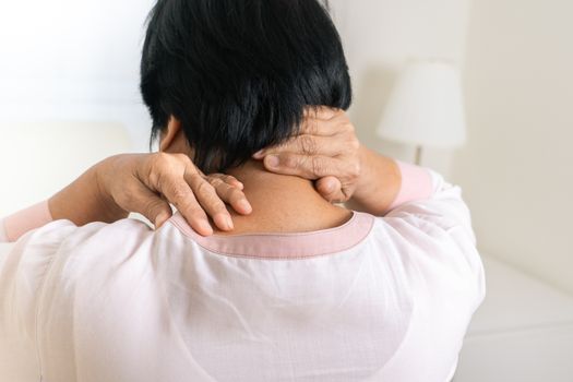 neck and shoulder pain of old woman, healthcare problem of senior concept