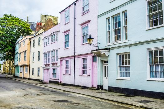 England Oxford Colorful High Street Houses on a quiet street in the city of Oxford