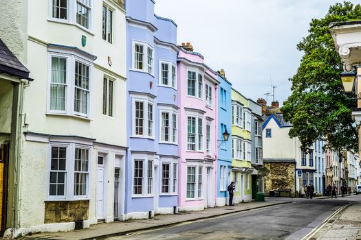 England Oxford Colorful High Street Houses on a quiet street in the city of Oxford