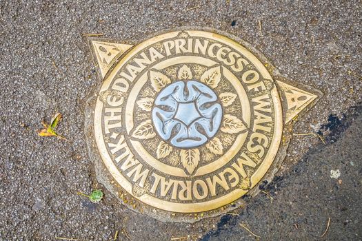 London, England Sept 27th 2016 Metal plaques in the pavement, marking the Princess Diana Memorial Walk