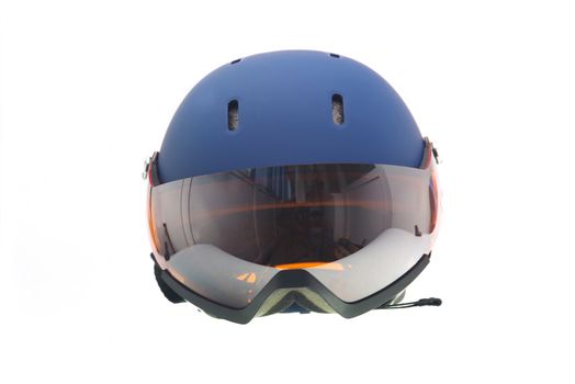 Protective blue ski helmet with snow glasses.