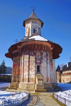 Mural paintings at Moldovita monastery church. The church was built in 1532 by moldavian king Petru Rares. Exterior frescoes contain portrait of saints or prophets and live of Jesus scenes.