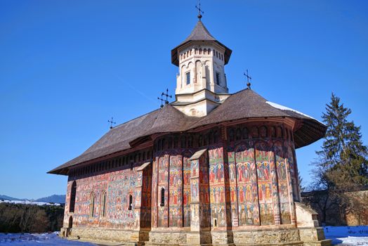 Mural paintings at Moldovita monastery church. The church was built in 1532 by moldavian king Petru Rares. Exterior frescoes contain portrait of saints or prophets and live of Jesus scenes.