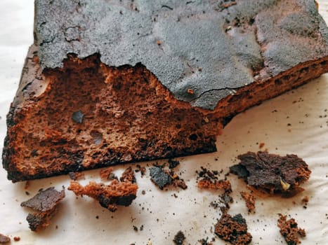 Cooking failure, burnt pie with black crust on baking paper