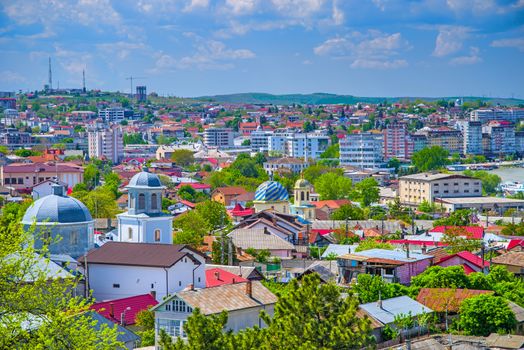 View over the city of Tulcea in Romania, old and new buildings cityscape