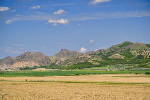 Flat fields and arid hills, Macin mountains in Romania.