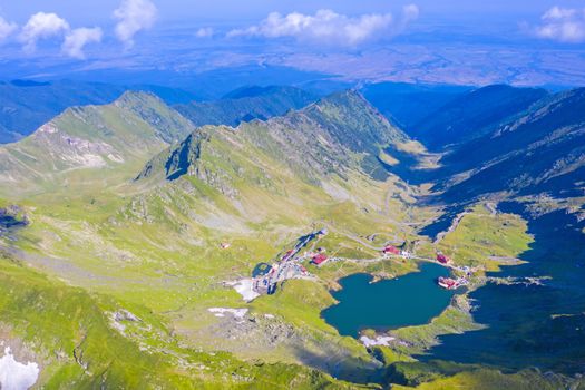 One of the most visited landmark in Romanian Carpathians, Transfagarasan road and Balea Lake, aerial view