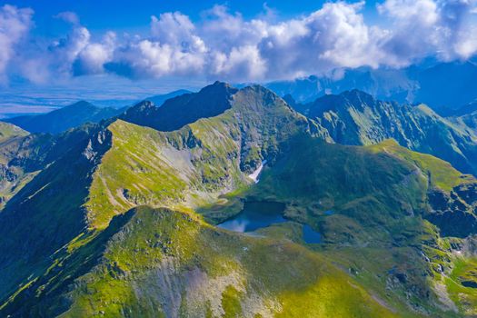 Glaciar Coat Lake in Romanian Carpathians, summer aerial view