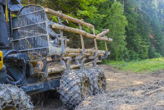 Logging machine with chains on the wheels in summer forest