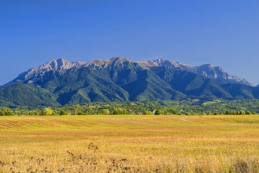 End of summer landscape in Romanian Carpathians: flat field, hill village, green forest and rocky alpine area.