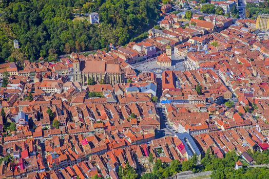 Aerial view of medieval city of Brasov, Romania; Black Church and Council Square