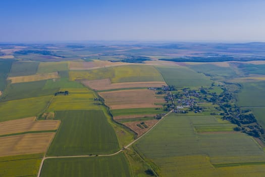 Summer aerial scene, green and yellow fields
