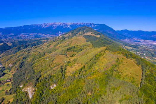 Autumn aerial landscape  in Romanian Carpathians, rural scene