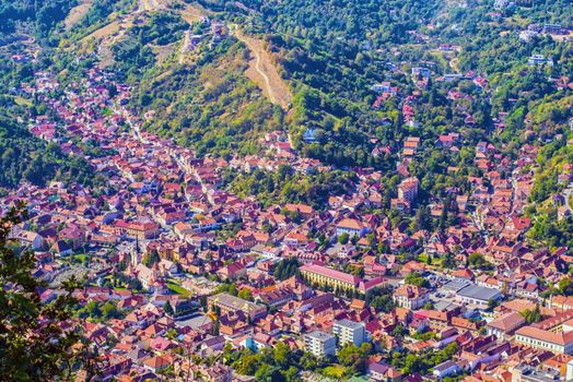 Aerial view of Brasov in Romania, Old Brasov cityscape