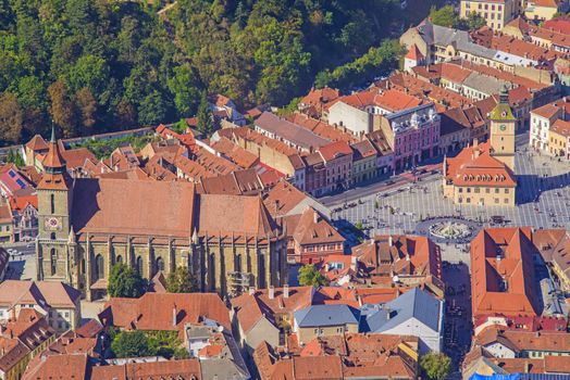 Aerial view of medieval city of Brasov, Romania; Black Church and Council Square