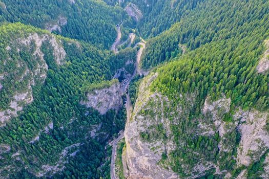 Bicaz Gorges, a narrow mountain pass between Moldavia and Transylvania in Romania, aerial view