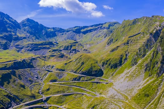 Aerial view of winding road in Romanian Carpathians, summer view of Transfagarasan road in Romania