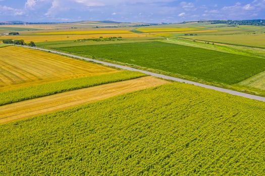 Aerial summer fields and road in a rural landscape