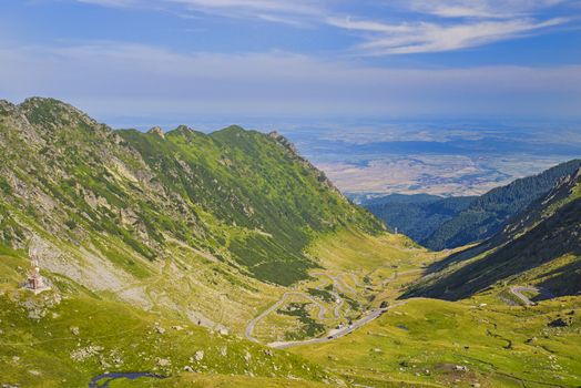 Aerial view of Transfagarasan road and valley scene in Romanian Carpathians