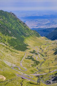 Above view of Transfagarasan road in Fagaras Mountains, Romania, summer landscape
