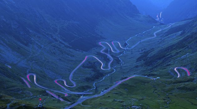 Winding curvy road viewed from above, Transfagarasan road in Romanian Carpathians