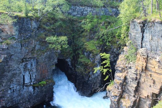 Overview of Kungsleden river in the arctic tundra. Abisko national park, Nothern Sweden