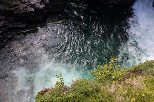 Overview of Kungsleden river in the arctic tundra. Abisko national park, Nothern Sweden