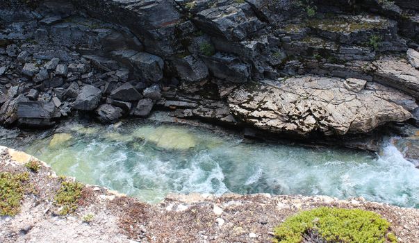 Overview of Kungsleden river in the arctic tundra. Abisko national park, Nothern Sweden