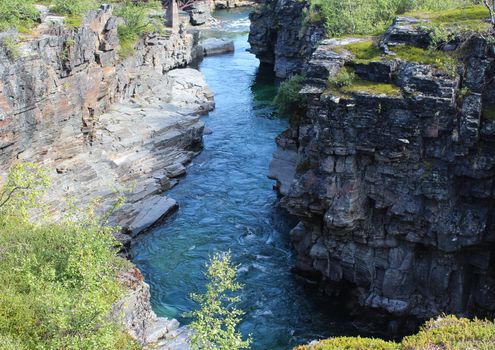 Overview of Kungsleden river in the arctic tundra. Abisko national park, Nothern Sweden