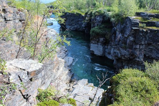 Overview of Kungsleden river in the arctic tundra. Abisko national park, Nothern Sweden