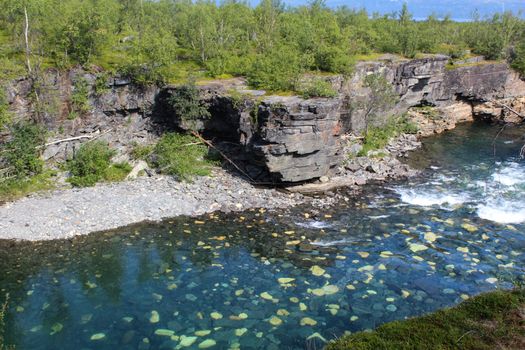 Overview of Kungsleden river in the arctic tundra. Abisko national park, Nothern Sweden