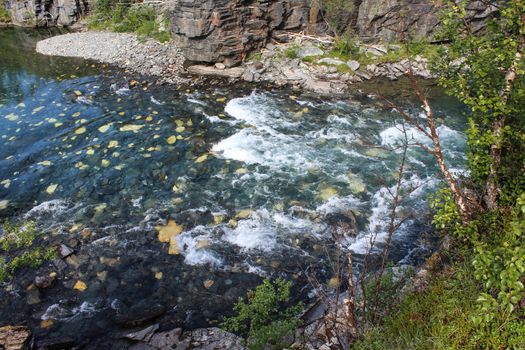 Overview of Kungsleden river in the arctic tundra. Abisko national park, Nothern Sweden