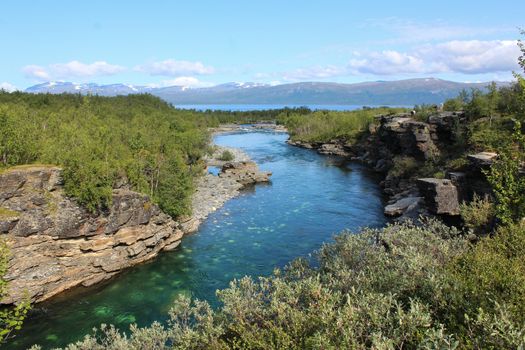 Overview of Kungsleden river in the arctic tundra. Abisko national park, Nothern Sweden