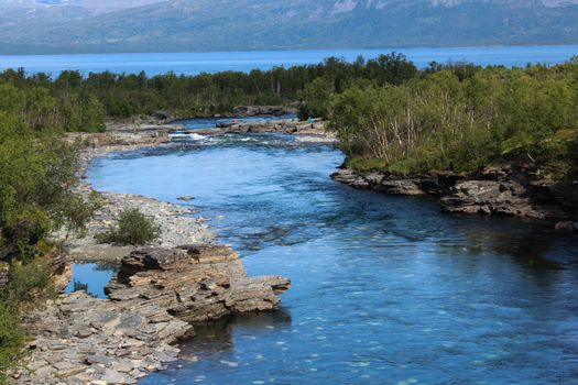 Overview of Kungsleden river in the arctic tundra. Abisko national park, Nothern Sweden