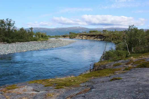 Overview of Kungsleden river in the arctic tundra. Abisko national park, Nothern Sweden