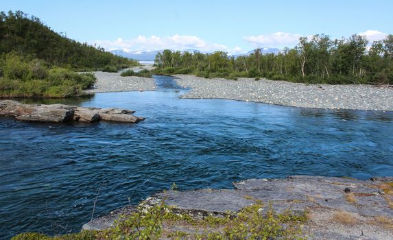 Overview of Kungsleden river in the arctic tundra. Abisko national park, Nothern Sweden