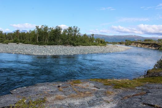 Overview of Kungsleden river in the arctic tundra. Abisko national park, Nothern Sweden