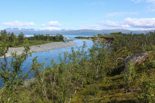 Overview of Kungsleden river in the arctic tundra. Abisko national park, Nothern Sweden