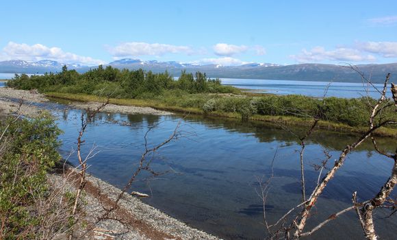 Overview of Kungsleden river in the arctic tundra. Abisko national park, Nothern Sweden