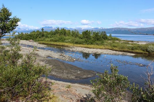 Overview of Kungsleden river in the arctic tundra. Abisko national park, Nothern Sweden