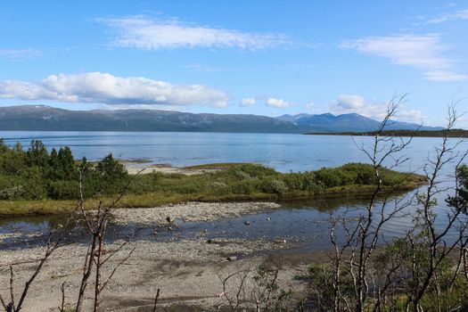 Overview of Kungsleden river in the arctic tundra. Abisko national park, Nothern Sweden