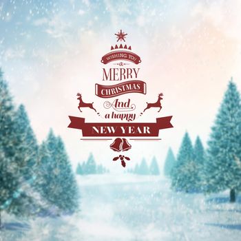 Christmas message against snowy landscape with fir trees