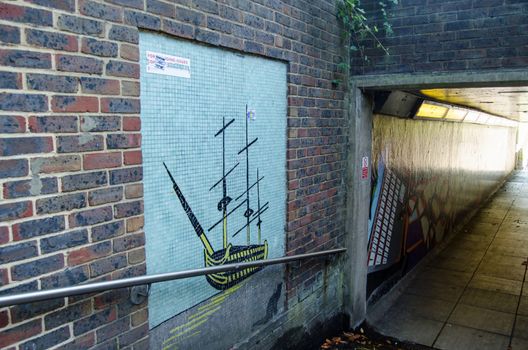 Basingstoke, UK - July 23, 2019:  Pedestrian subway passing under the Victory Roundabout in Basingstoke, Hampshire.  The roundabout is on the historic Trafalgar way from Falmouth to London - the route taken to bring news  of the Battle of Trafalgar victory.