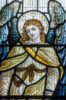 Historic Victorian stained glass window showing an angel with blue wings and a halo decorated with cyclamen flowers. On public display over 100 years.