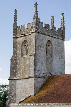 Tower of the church of Saint Giles in the village of Imber on Salisbury Plain, Wiltshire.