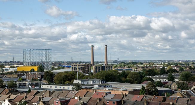 View across the rooftops of Croydon looking West towards the disused power station on Purley Way, Turners Way Gas Works and the Viridor Energy Recovery Plant. 